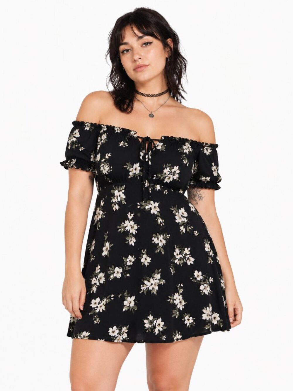 J for Justify 1X Black Floral Babydoll Mini Dress - Super Soft